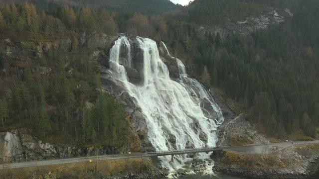 Drone Pull Back Shot of the Famous Furebergfossen Waterfall in Norway