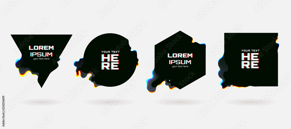 Poster vector geometric shapes with liquid glitch. circle, triangle, rhombus and square with vhs glitch eff