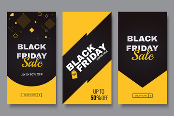 Black friday vertical promotion banner set. Sale banners design template. Yellow and black geometric background. Minimalistic discount flyers. Vector eps 10