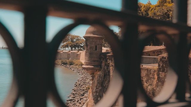 Cinematic slow motion dolly shot of "La Garita" of "el Viejo San Juan", in Puerto Rico