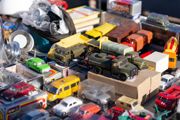 Flea market. Car models. For collectors of little cars. Toys for adults.