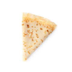 Tasty thin folded pancake on white background, top view