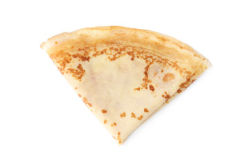 Tasty thin folded pancake on white background, top view