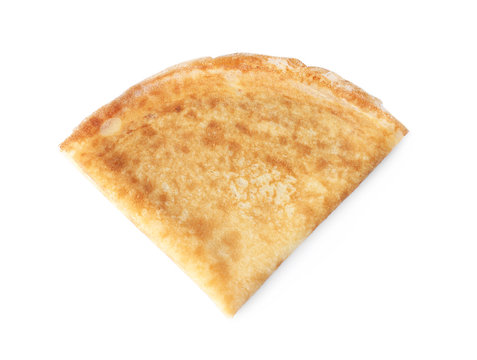Tasty thin folded pancake on white background, top view