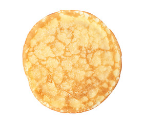 Tasty thin pancake on white background, top view