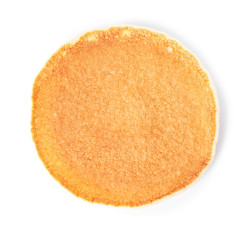 Hot tasty pancake on white background, top view