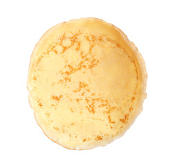 Hot tasty thin pancake on white background