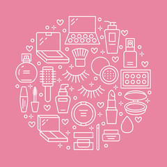 Makeup beauty care pink circle poster concept with flat line icons. Cosmetics illustrations of lipstick, mascara, powder, eyeshadows foundation, nail polish. Cute brochure thin signs for make up store