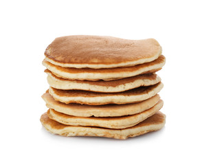 Stack of hot tasty pancakes on white background