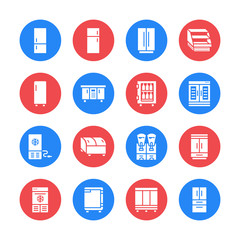 Refrigerators flat glyph icons. Fridge types, freezer, wine cooler, commercial major appliance, refrigerated display case. Silhouette signs for household equipment shop. Pixel perfect 64x64.