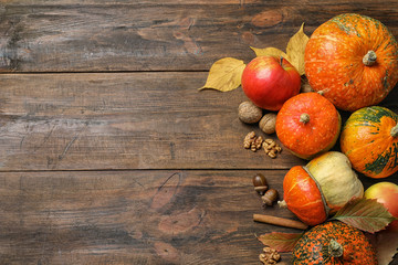 Different pumpkins on wooden background, flat lay composition with space for text. Autumn holidays