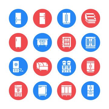 Refrigerators flat glyph icons. Fridge types, freezer, wine cooler, commercial major appliance, refrigerated display case. Silhouette signs for household equipment shop. Pixel perfect 64x64.