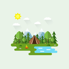 Illustration of beautiful forest scene. Summer landscape in flat style. Sunny day. Background. Tent, mushrooms, trees, stones, campfire, mountains, forest and water. Camping,summer camp,hiking,tourism