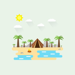 Fototapeta premium Illustration of beautiful beach scene. Summer landscape in flat style. Sunny day. Background. Tent, palm tree, stones, campfire, mountains, sand and water. Camping, summer camp, hiking, tourism, sea