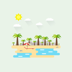 Illustration of a beautiful beach scene. Summer landscape in a flat style. Sunny day. Background. Palma, stones, mountains, sand and water, tourism, tourism, sea, lounge, umbrella