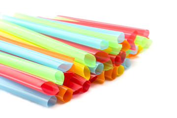 Drinking straw set of colorful plastic tubes on white background