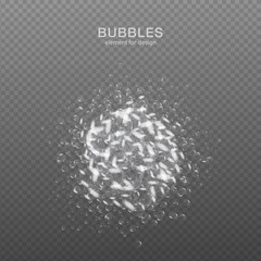 White water bubbles on transparent background with reflection. Set. Vector illustration