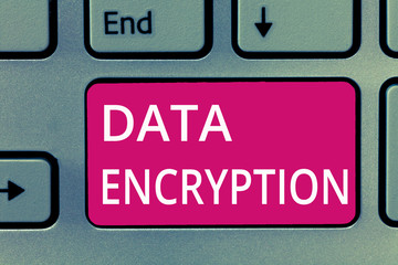 Conceptual hand writing showing Data Encryption. Business photo showcasing Symmetric key algorithm for the encrypting electronic data.