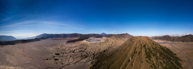 Panorama view of Mountain Bromo active volcano crater in East Jawa, Indonesia.