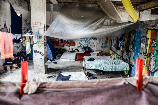 Bihac, BiH, September 01, 2018 - Migrants and refugees live in hard condition in camp in Bihać. Food line.  European migrant crisis. Migrants using Balkan route through BiH to reach EU