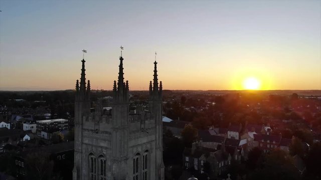 Drone shoot of Church of St. Mary at sunrice, St. Neots town, Cambridgeshire, England, UK