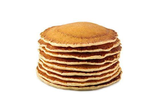Stack of hot pancakes on white background