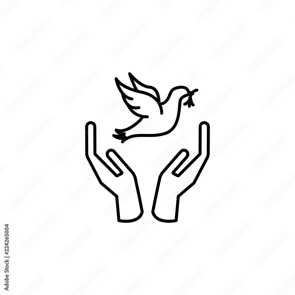 Poster hand and dove with branch icon. element of peace icon for mobile concept and web apps. thin line han