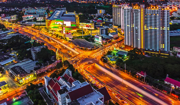 CHIANG MAI, THAILAND- AUGUST 7, 2018 : City X Cross Traffic Express Way Intersection Road With Light Of Vehicle Aerial View, Drone View.