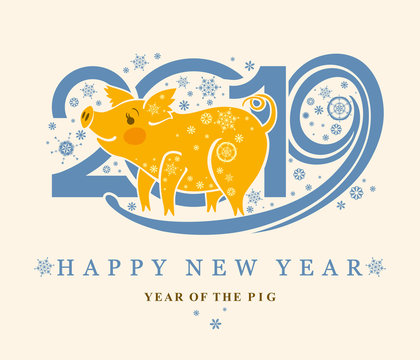 Cute card with a Yellow Pig in circle. Happy New Year! 2019 in snowflakes New Year's design. 
