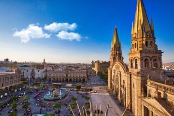 Guadalajara, Jalisc, Mexico-20 April, 2018: Central Landmark Cathedral (Cathedral of the Assumption of Our Lady) located on the central plaza of Guadalajara - obrazy, fototapety, plakaty