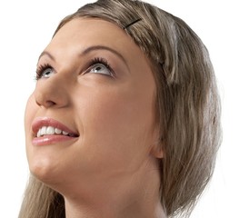 happy young woman looking up