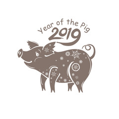 Year of the Pig 2019. Vector template New Year's design on the Chinese calendar. Funny pig in snowflakes.
