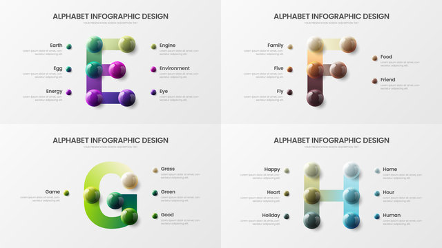 Amazing vector alphabet infographic 3D realistic colorful balls presentation bundle. Creative bright multicolor character design illustration layout. Modern art symbol visualization template set.