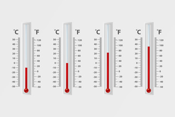 Vector realistic 3d celsius and fahrenheit meteorology, weather thermometer sign icon set closeup isolated on white background. Clip art, design template for graphics. Thermometers with different