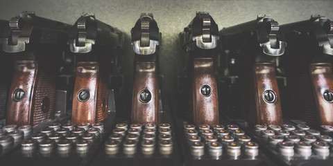 Military Small Arms And Ammunition In Weapons Cabinet. Weapon Of Russian Police. Guns Of Caliber Of...