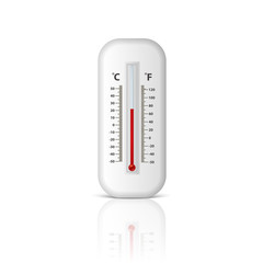 Vector realistic 3d white celsius and fahrenheit meteorology, weather thermometer icon closeup isolated on white background with reflection. Clip art, design template for graphics