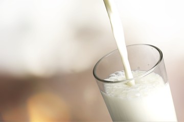 Milk pouring in glass on blurred tree