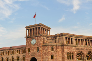 Clock tower on the government building on Republic Square in Yerevan. Armenia,