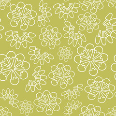 Fototapeta na wymiar Vector green floral monochrome carnival seamless pattern background. Suitable for fabrics, wallpapers, gift wrappers, scrapbook projects