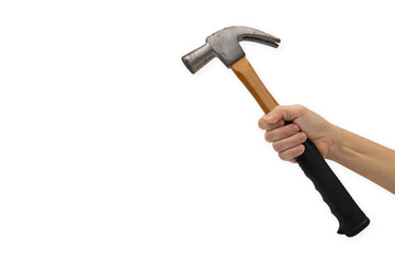 Woman's hand holding hammer isolated on white background