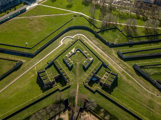 Aerial view of Pamplona fortress with multi level bastions, ditch, moat, battlements in Navarra, Spain in the middle of a green park