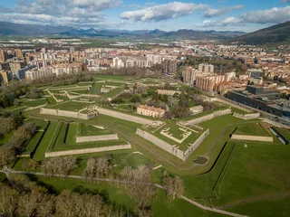 Fotobehang Aerial view of Pamplona citadel with blue clodu sky background on a spring morning with bastions, moat, lunette, ravelin in Navarra Spain © tamas