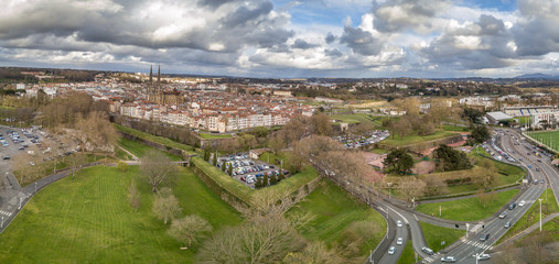 Aerial panorama of Bayonne France with the medieval cathedral with a cloudy afternoon sky