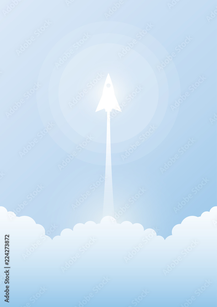 Poster business start up concept with rocket ship flying from clouds and blue sky background.vector illustr