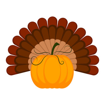 Pumpkin with turkey feathers icon. Thanksgiving
