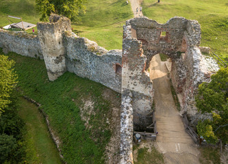 Aerial view of the gate tower in medieval ruined Saris castle in Slovakia