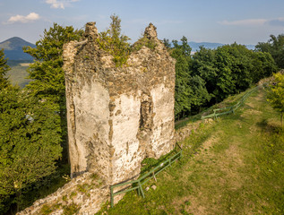 Aerial view of ruined medieval round tower in Saris castle Slovakia