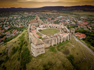 Aerial panoramic view of medieval ruined Sumeg castle near lake Balaton Hungary