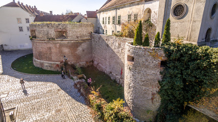 Aerial view of the bastions and Roman era towers of Sopron Hungary