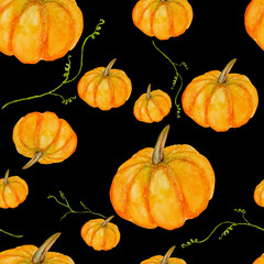 Watercolor hand painting pumpkin seamless pattern on black background